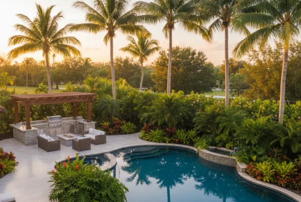 Custom pool and outdoor living area with tropical landscaping in Florida