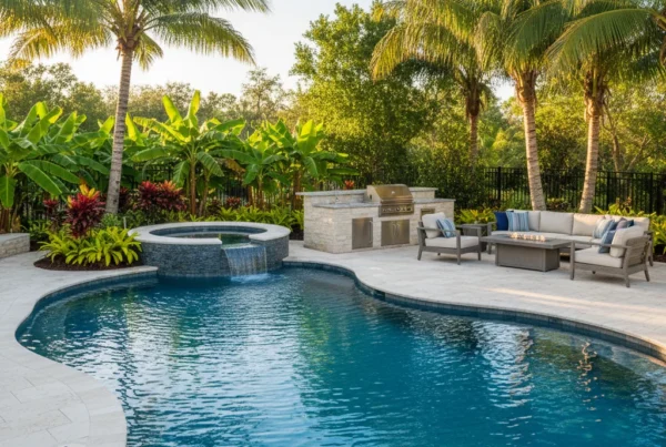 Custom pool and outdoor living area in Winter Garden FL with tropical landscaping