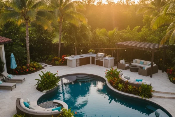 Custom pool and outdoor living area with tropical landscaping in Florida