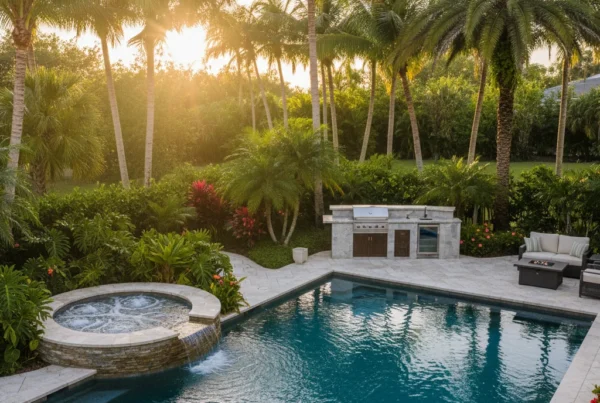 Custom pool and outdoor living area with tropical landscaping in Florida