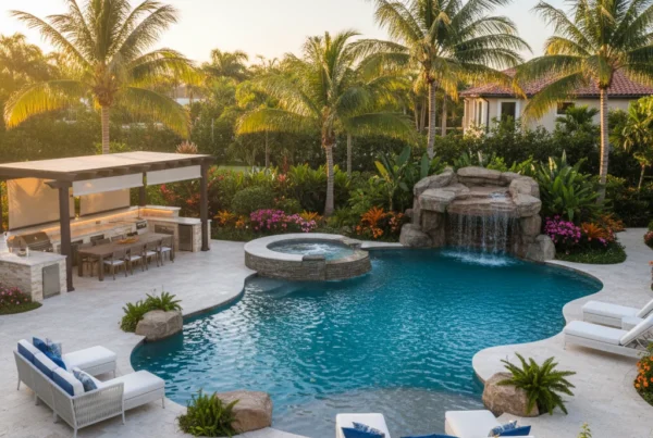 custom pool and outdoor living area with palm trees in florida