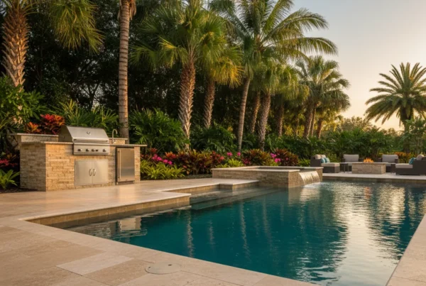 Custom pool with travertine coping and tropical landscaping in Central Florida