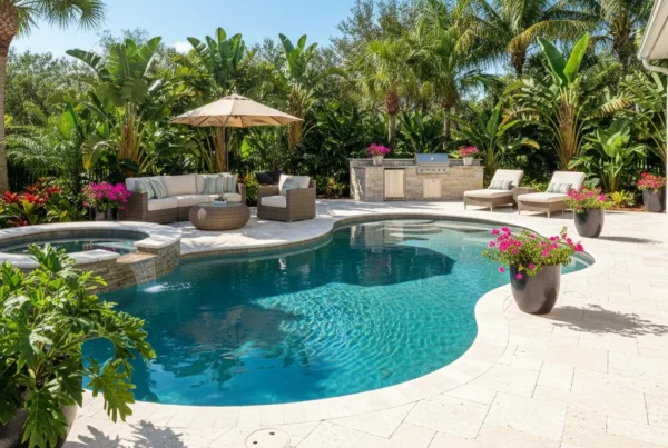 Light-colored pool deck with tropical landscaping in Central Florida