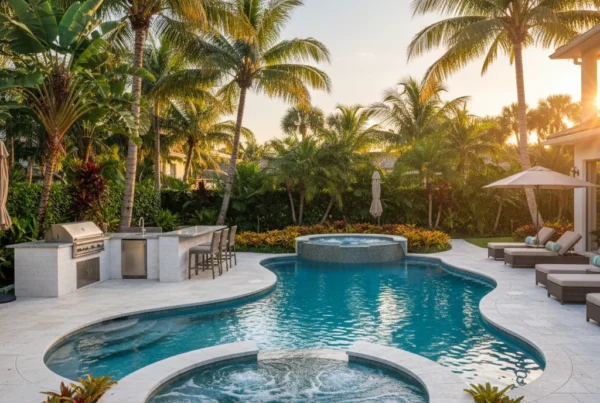 Custom pool and outdoor living area with tropical landscaping in Florida