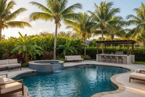 Custom pool and outdoor living area with tropical landscaping in Florida