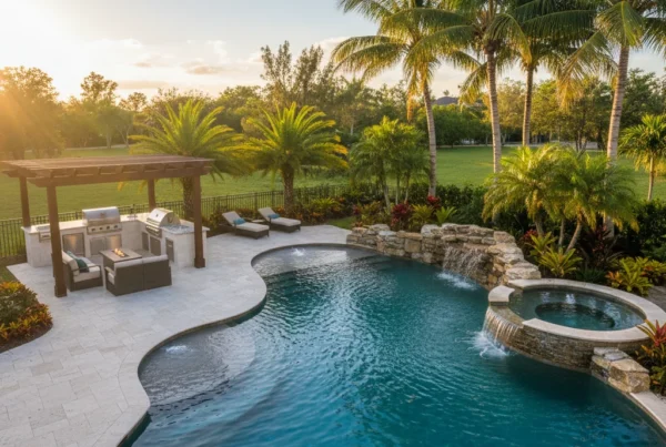 Custom pool and outdoor living area with tropical landscaping in Florida
