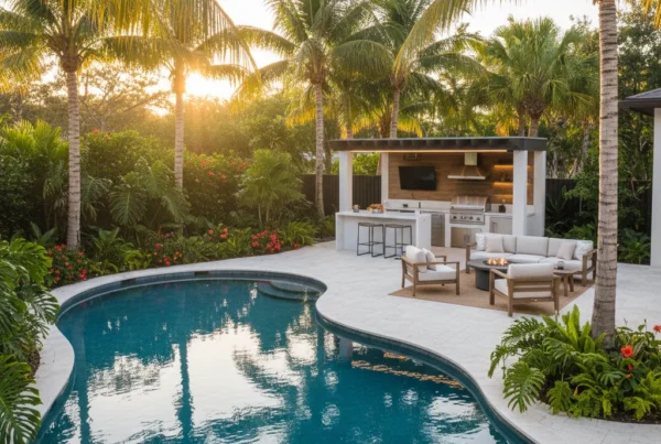 Custom pool and outdoor living area with tropical landscaping in Florida