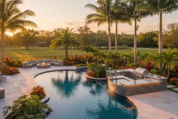 Custom pool and outdoor living area with tropical landscaping in Florida