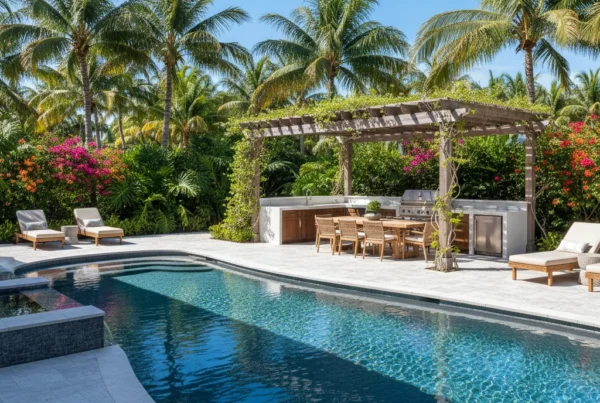 custom pool and outdoor living area with tropical landscaping in Florida