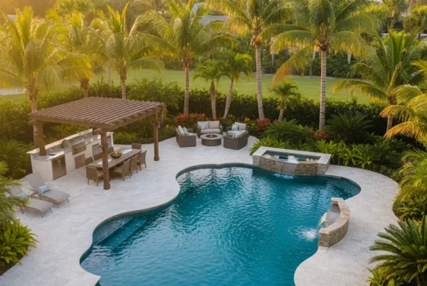 Custom pool and outdoor living area with tropical landscaping in Florida