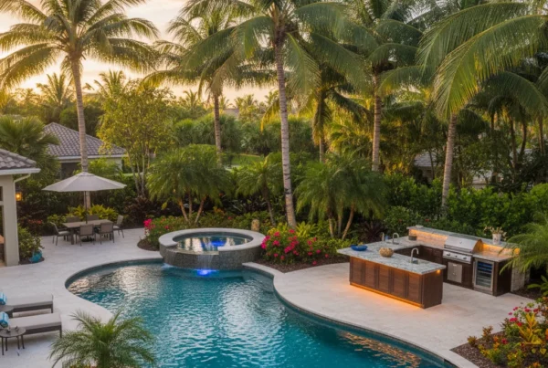 Custom pool and outdoor living area with tropical landscaping in Florida
