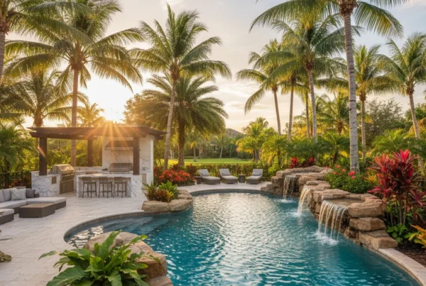 custom pool and outdoor living area with tropical landscaping in Florida
