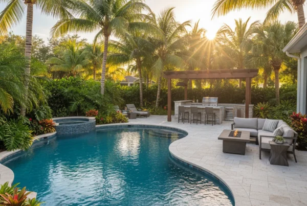 Custom pool and outdoor living area with tropical landscaping in Florida