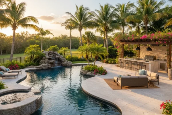 Custom pool and outdoor living area with tropical landscaping in Florida