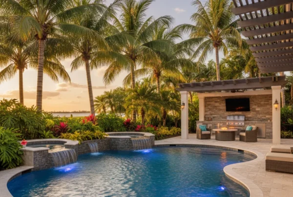 Custom pool and outdoor living area with tropical landscaping in Florida