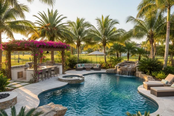 Custom pool and outdoor living area with tropical landscaping in Florida