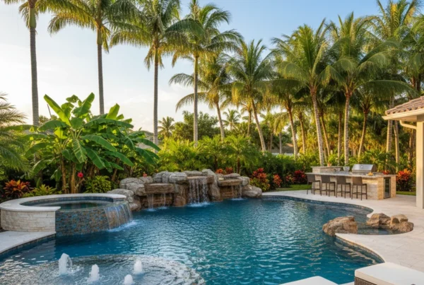 Custom pool and outdoor living area with tropical landscaping in Florida