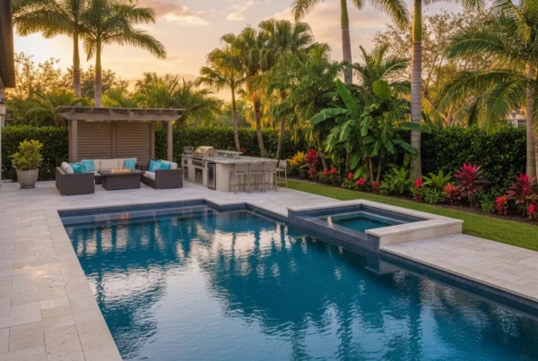 Custom pool with tropical landscaping and outdoor kitchen in Florida backyard