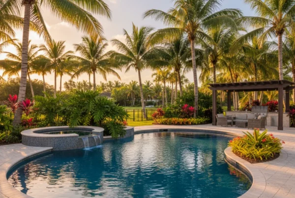 Custom pool and outdoor living area with tropical landscaping in Florida