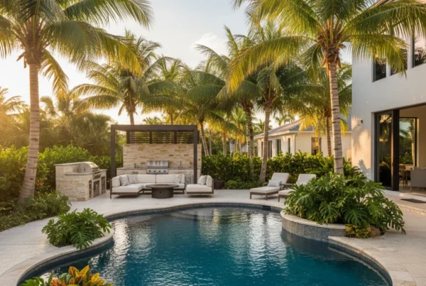 custom pool and outdoor living area with tropical landscaping in Florida