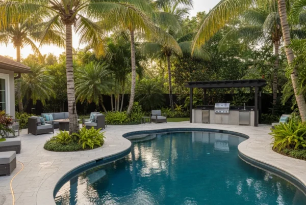 Custom pool and outdoor living area with tropical landscaping in Florida