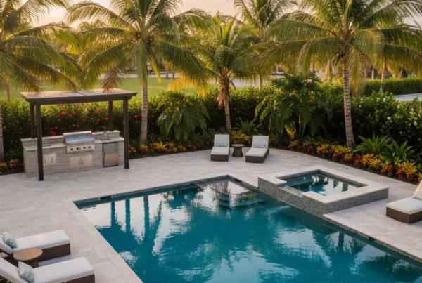 Custom pool and outdoor living area with tropical landscaping in Florida