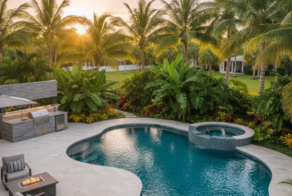 Custom pool and outdoor living area with tropical landscaping in Florida