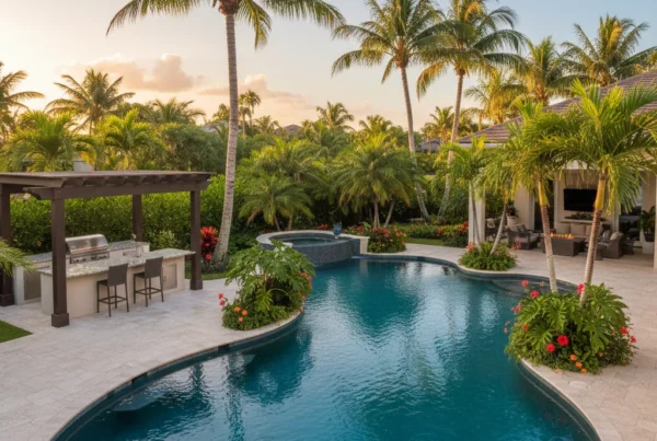 custom florida pool with tropical landscaping and outdoor kitchen