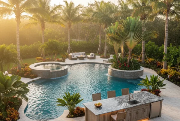 Custom pool and outdoor living area with tropical landscaping in Florida