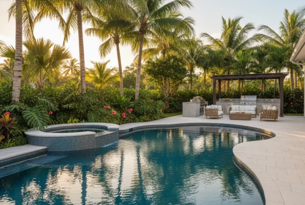 Custom pool and outdoor living area with tropical landscaping in Florida