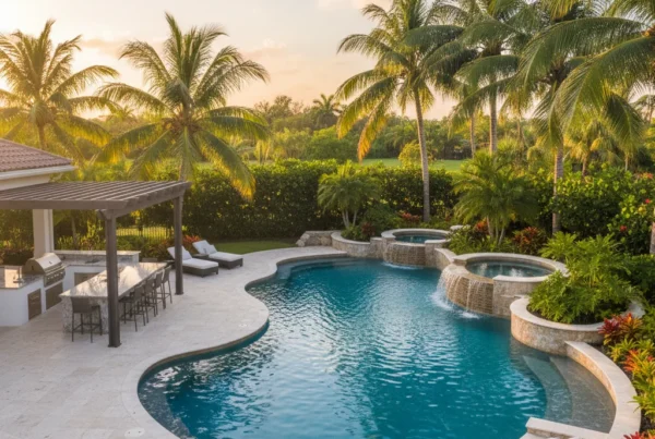 Custom pool and outdoor living area with tropical landscaping in Florida