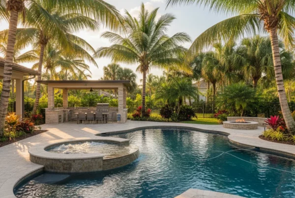 Custom pool and outdoor living area with tropical landscaping in Florida