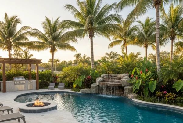 Custom pool and outdoor living area with tropical landscaping in Florida