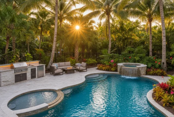Custom pool and outdoor living area with tropical landscaping in Florida