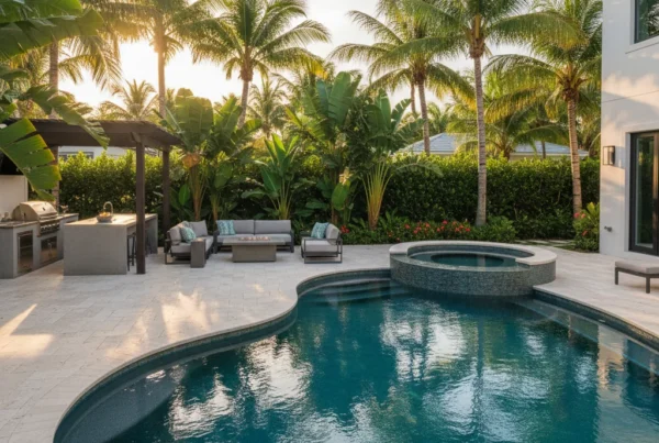 custom pool and outdoor living area with tropical landscaping in Florida