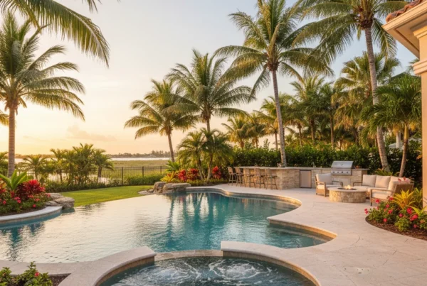 Custom pool and outdoor living area with palm trees in Florida
