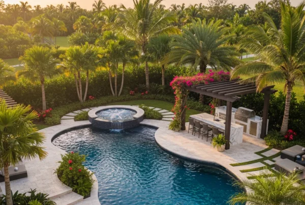 custom florida pool with spa and outdoor kitchen in tropical backyard