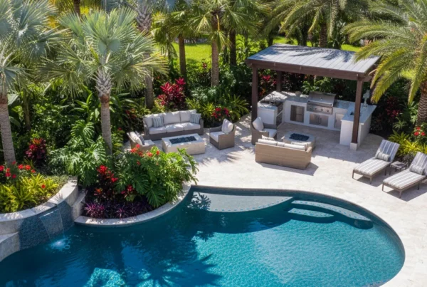 Custom pool and outdoor living area with tropical landscaping in Florida
