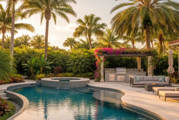 Custom pool and outdoor living area with palm trees in Florida