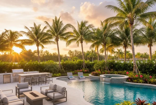 Custom pool and outdoor living area with tropical landscaping in Florida