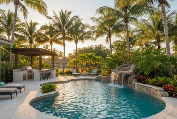 custom pool and outdoor living area with tropical landscaping in Florida