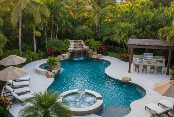 Custom pool and outdoor living area with tropical landscaping in Florida