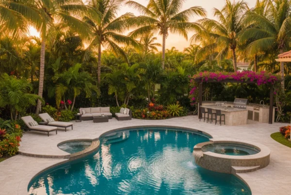 Custom pool and outdoor living area with tropical landscaping in Florida