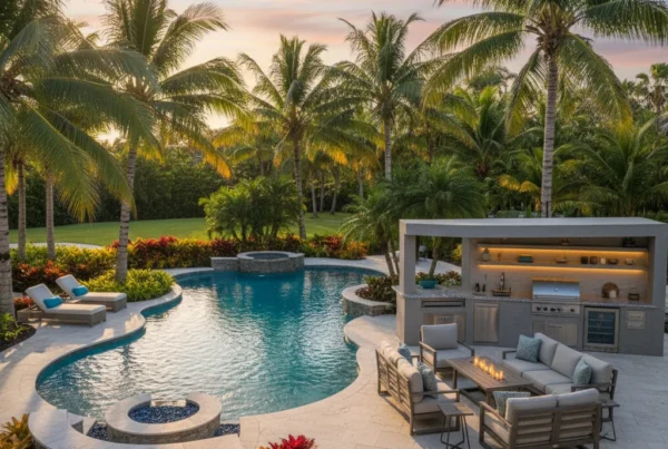custom pool and outdoor living area with tropical landscaping in Florida