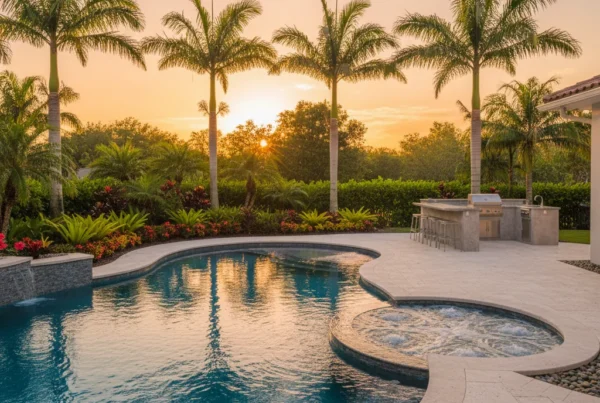 Custom pool with tropical landscaping and outdoor kitchen in Florida