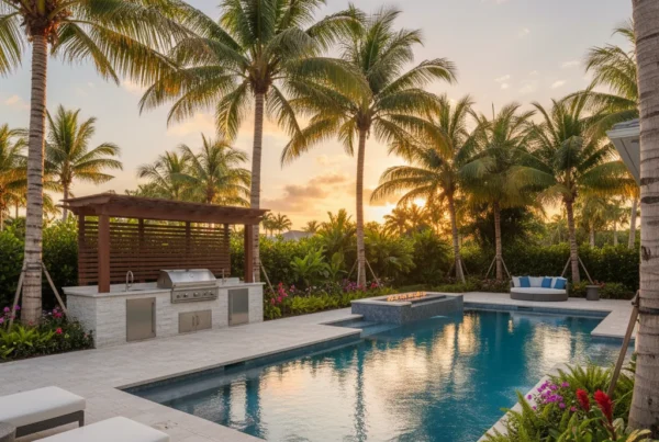 Custom pool and outdoor living area with tropical landscaping in Florida
