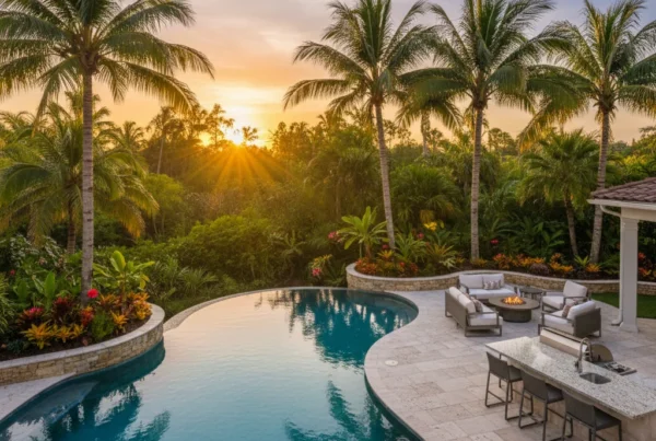 Custom pool and outdoor living area with tropical landscaping in Florida