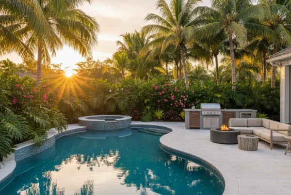 Custom pool and outdoor living area with palm trees in Florida backyard