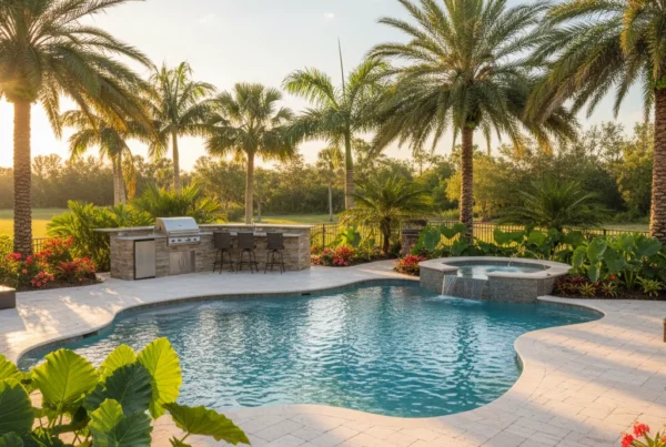 Custom pool deck with tropical landscaping in Polk County Florida