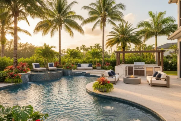 Custom pool and outdoor living area with tropical landscaping in Florida